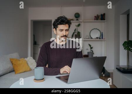 Young handsome middle eastern looking man using laptop computer in his home. Stock Photo