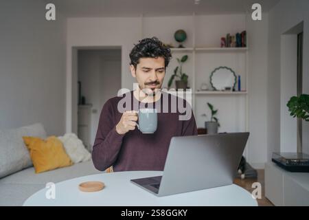 Young handsome middle eastern looking man using laptop computer in his home. Stock Photo