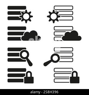 Weather forecast icon. Cloud and sun symbols. Magnifying glass illustration. Lock protection vector. Stock Vector