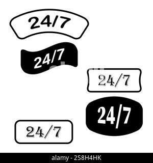 24 7 text signs. Round the clock availability. Black and white frames. Vector typography symbols. Stock Vector