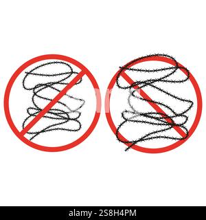 No barbed wire symbol. Prohibition red circle. Warning restriction icon. Vector safety sign. Stock Vector
