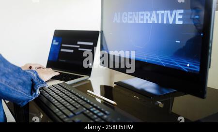 AI generative app. Woman chatting with Artificial Intelligence software in computer laptop. Virtual chat bot, technology concept Stock Photo