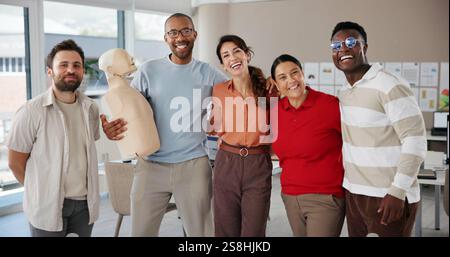 Portrait, happy and paramedic with business people in office for first aid training with emergency service. Group, EMT and female healthcare Stock Photo