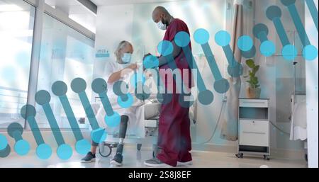 Image of dna strand rotating over diverse male doctor taking pulse of senior female patient Stock Photo