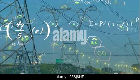 Image of digital data processing and eco icons over electricity pylons Stock Photo