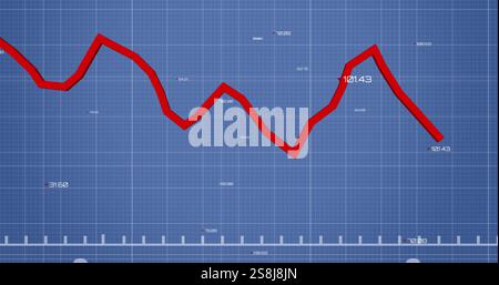 Image of red line and financial data processing over blue background Stock Photo