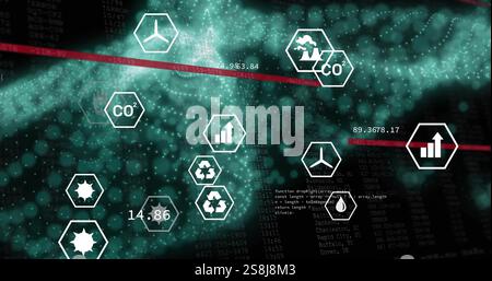 Image of digital data processing and eco icons over glowing mesh Stock Photo