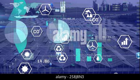 Image of digital data processing and eco icons over solar panels Stock Photo