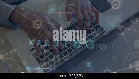 Image of firewall disabled text and data network over hands of caucasian man using laptop Stock Photo