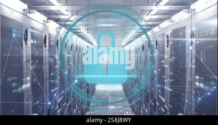 Image of padlock icon, digital data processing over computer servers Stock Photo