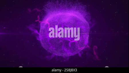 Image of glowing purple light trails moving on seamless loop on dark background Stock Photo