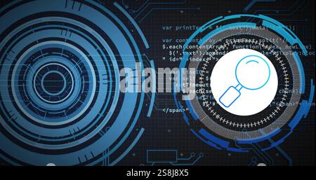 Image of data processing over blue circular scanners and search icon on black background Stock Photo