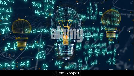 Image of mathematical equations over blue circular scanner on black ...