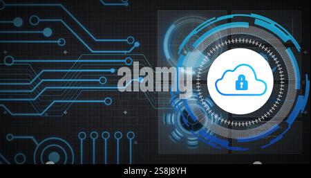 Image of motherboard network and circular scanner processing cloud and padlock icon on black Stock Photo