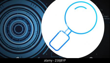 Image of data processing over blue circular scanners and search icon on black background Stock Photo