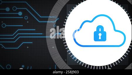 Image of motherboard network and circular scanner processing cloud and padlock icon on black Stock Photo