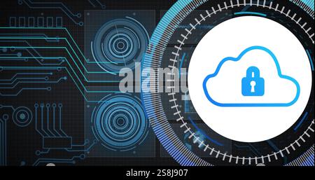 Image of network, charts processing data and scanner with padlock cloud icon Stock Photo
