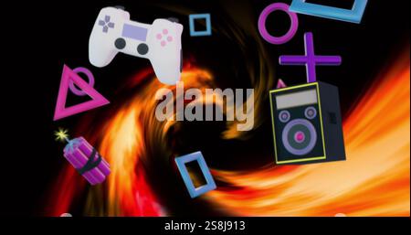 Game controller, dynamite, and geometric shapes image over swirling fiery background Stock Photo