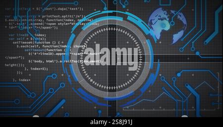 Image of data processing over blue motherboard network, circular scanner and globe Stock Photo