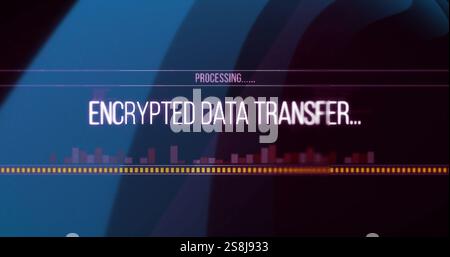 Image of encrypted data transfer text over blue curves Stock Photo