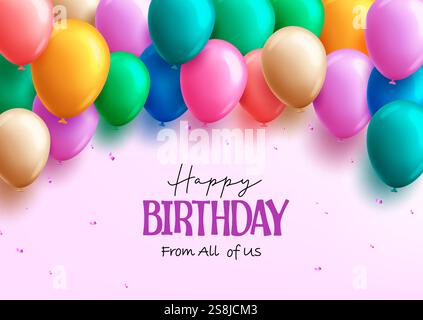 Happy birthday text vector design. Birthday colorful inflatable bunch of balloons elements. Vector illustration for invitation and card template. Stock Vector