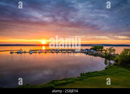 Sunset over marina on Lake Superior, Ashland, Wisconsin, USA Stock Photo