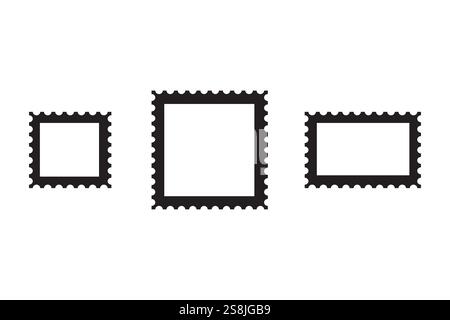 Postage stamp frames. Black border vector. Square rectangular designs. Simple isolated graphic. Stock Vector
