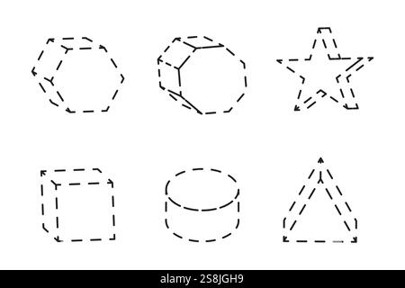 Dashed geometric shapes. Hexagon star cube triangle. Minimal outline vector. Abstract black design. Stock Vector