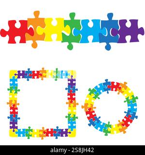 Puzzle piece frames. Rainbow colorful design. Square circular vector. Playful abstract graphic. Stock Vector