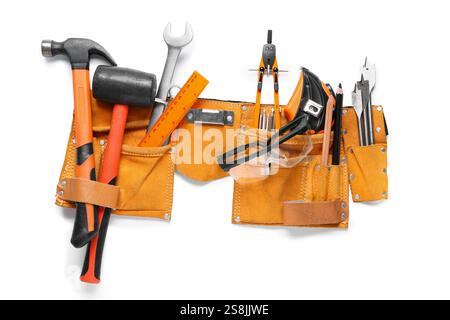 Belt with carpenter's tools on white background Stock Photo