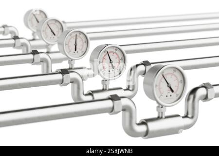 Row of Pipelines with Pressure Gauges on a white background. 3d ...