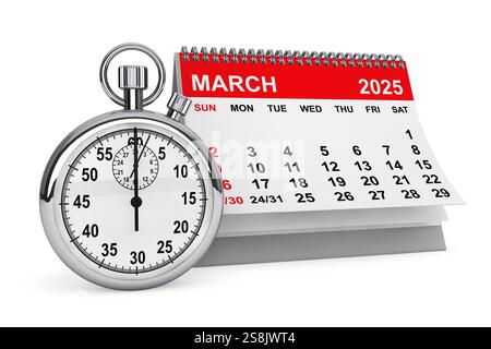 2025 Year March Calendar with Stopwatch on a white background. 3d rendering Stock Photo