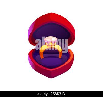 Valentine day and marriage proposal golden ring. Saint Valentine day love holiday isolated vector cartoon gift, marriage proposal ring in heart shape Stock Vector