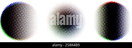 Round halftone gradient background set. RGB textured pixelated circle gradation. RGB color dotted fading shapes. Grunge ink press splash stains and blots. Print production raster glitch. Vector Stock Vector