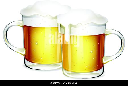 Two beer mugs with frothy tops clinking together Stock Vector