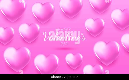 Happy valentine's day background with 3D hearts in snow stock illustration. Valentines Day holiday greetings Stock Vector
