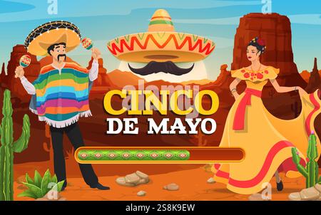 Cinco de Mayo mexican holiday loading bar with cartoon mariachi characters on desert landscape vector background. Progress bar of download, upload or Stock Vector