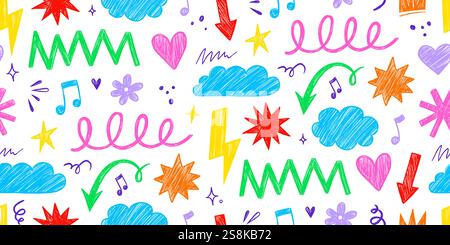 Kid shape color seamless pattern background. Crayon scribble fun children color hand drawn pencil brush shape seamless background. Abstract pattern crayon children pattern design. Vector illustration Stock Vector