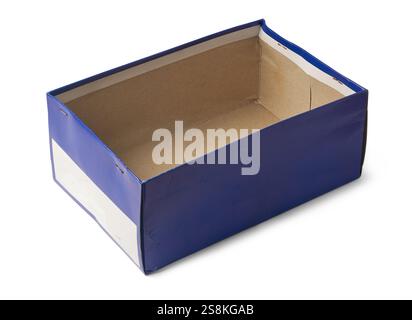 close-up of empty blue rectangular cardboard box or shoe box opened isolated white background, blank label on one side, mock-up template Stock Photo