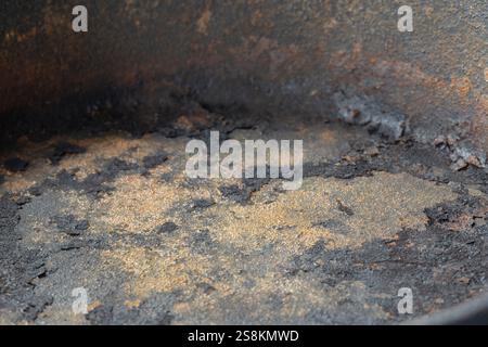 Close up of an old rusty cast iron frying pan background. Vintage cooking utensil concept Stock Photo