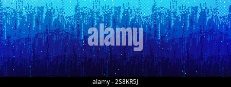 Pixel bitmap pattern with blue gradient shade. Vertical pixelated streaks cascade downward. Digital rain effect with scattered luminous dots. Cyberpunk game background. Retro 8 bit videogame effect. Stock Vector