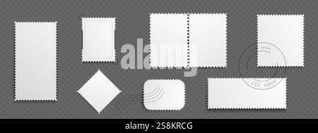 Postcard stamp frame collection with blank white shapes - rectangular vertical and horizontal, square templates with perforated edges, postal marks and seals. Mockup designs for mail communication. Stock Vector