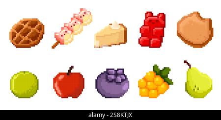 Pixel art food collection with tasty waffle, marshmallow stick, cheesecake triangle piece, red gummy bear candy, cookie, lime and apple, blueberry, cloudberry and pear. Retro game eating items set. Stock Vector