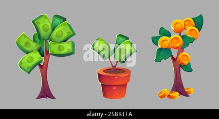 Money tree cartoon set - potted plant with golden coins, flourishing branches with dollar bills, scattered wealth. Stylized financial growth symbol in clay pots, investment metaphor on gray backdrop. Stock Vector