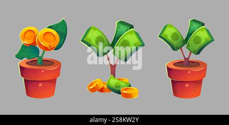 Money tree cartoon set - potted plant with golden coins, flourishing branches with dollar bills, scattered wealth. Stylized financial growth symbol in clay pots, investment metaphor on gray backdrop. Stock Vector