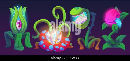 Glowing magical plant monsters in dark environment. Mystical flora with luminous effect - cyclopean green shoot, spotted pink creature with thorns, fanged predator, sparkling flower for fantasy design Stock Vector
