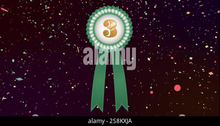 Image of green and white rosette with number 3 and falling confetti on black background Stock Photo