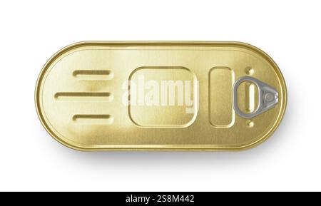 Top view of blank closed golden seafood tin can isolated on white Stock Photo