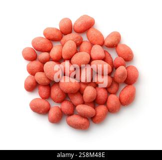Top view of red spicy coated peanuts isolated on white Stock Photo
