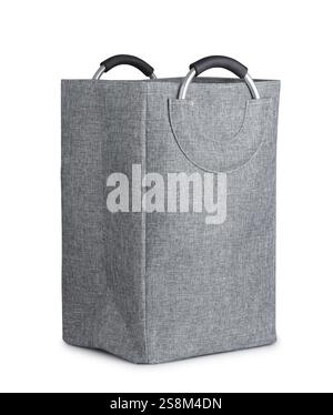 Gray polyester laundry bag with carrying handles isolated on white Stock Photo